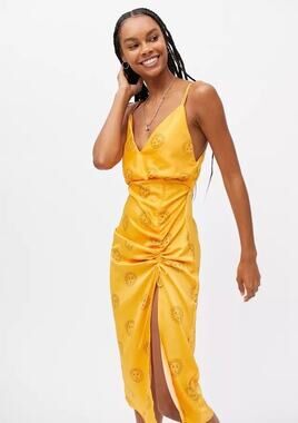 Urban Outfitters Golden Sun Print Deep V-Neck Sleeveless Ruched Slip Midi Dress